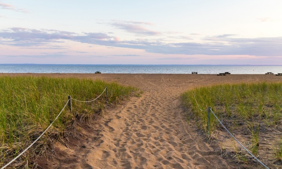 The beach at the Pointe-Taillon national park at sunset. In the forefront, a sandy passage lined with greenery leads to the beach.