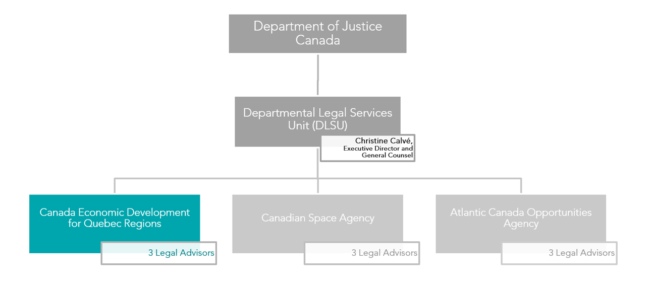 Organizational chart demonstrating the organizational structure of Legal Services. The Department of Justice Canada supervises the Departmental Legal Services Unit to which report the Economic Development Agency of Canada for the Regions of Quebec (3 advisors), the Canadian Space Agency (3 advisors) and the Atlantic Canada Opportunities Agency (3 advisors).