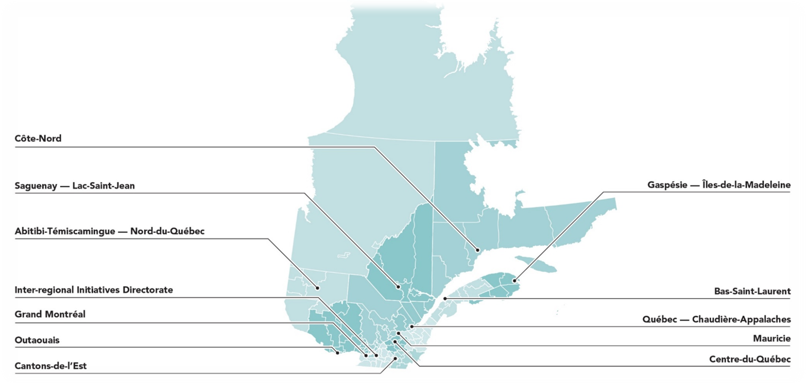 Map of Quebec with the territories served by the business offices.