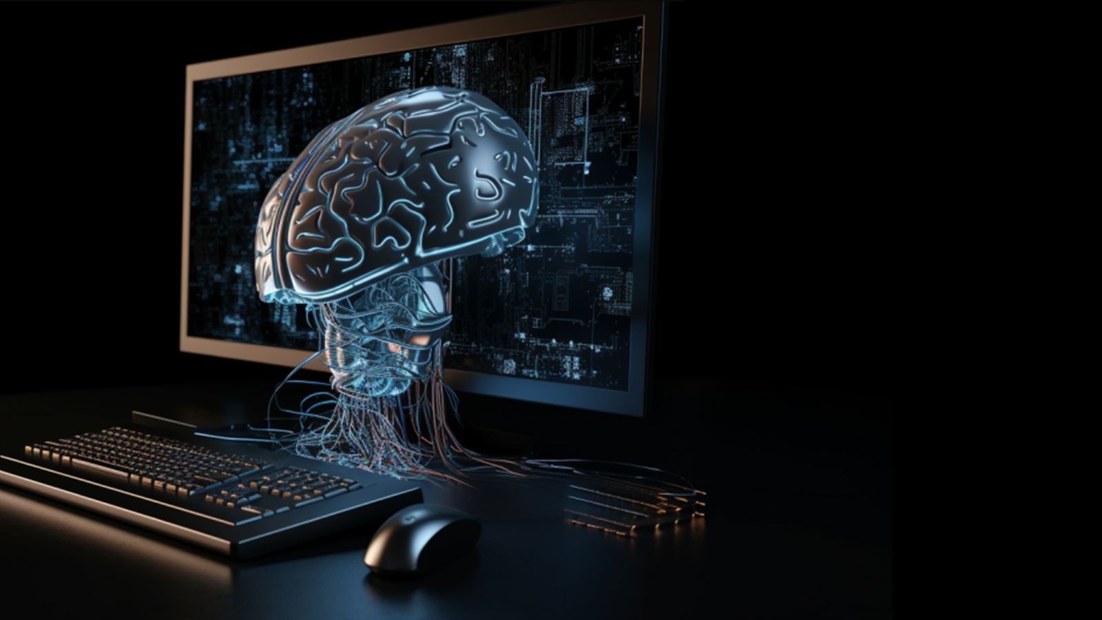 Against a black background, there is a keyboard, a mouse and a computer screen in front of which a brain is connected to multiple wires to represent artificial intelligence